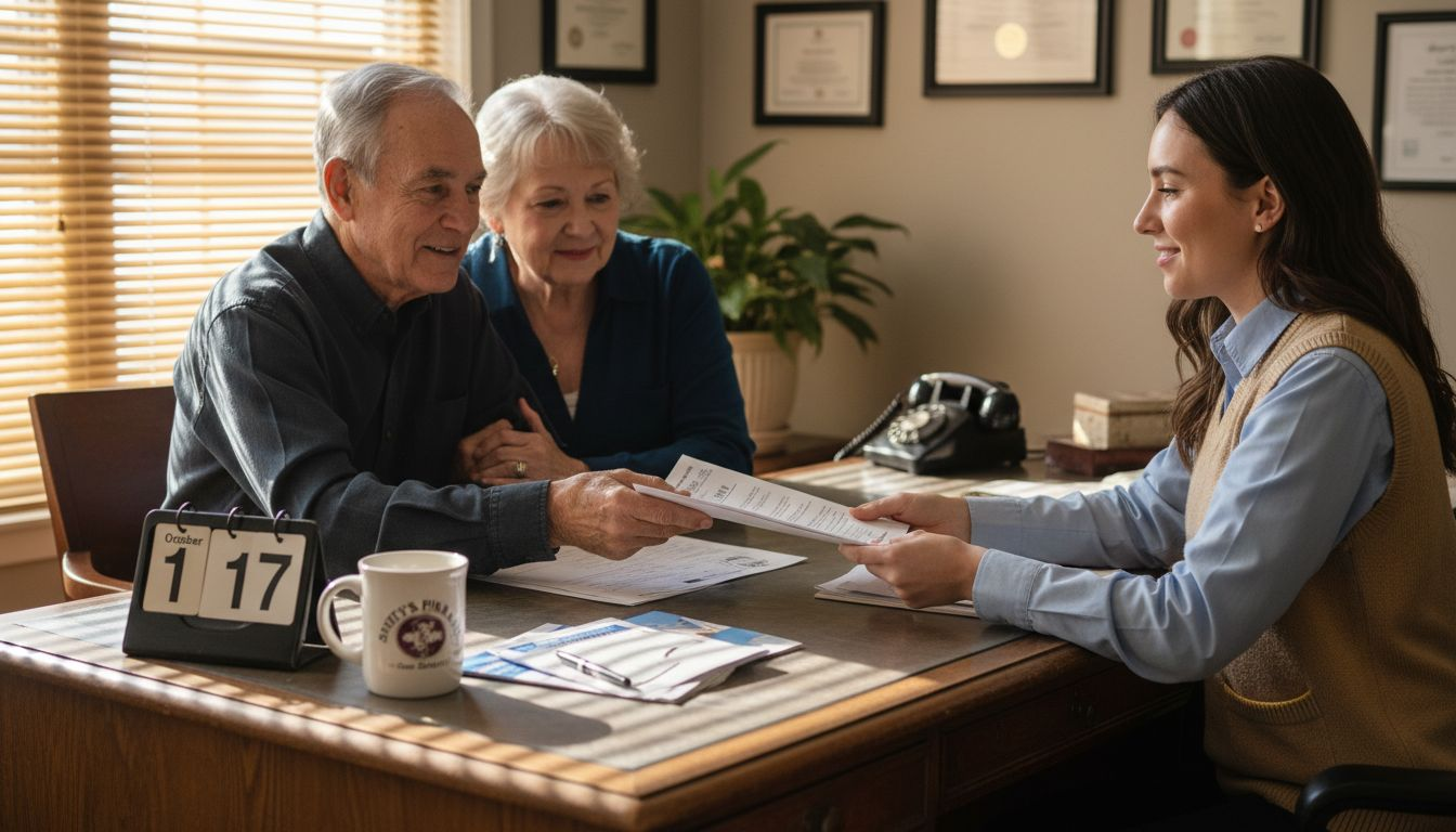 Elderly couple talking to health insurance expert