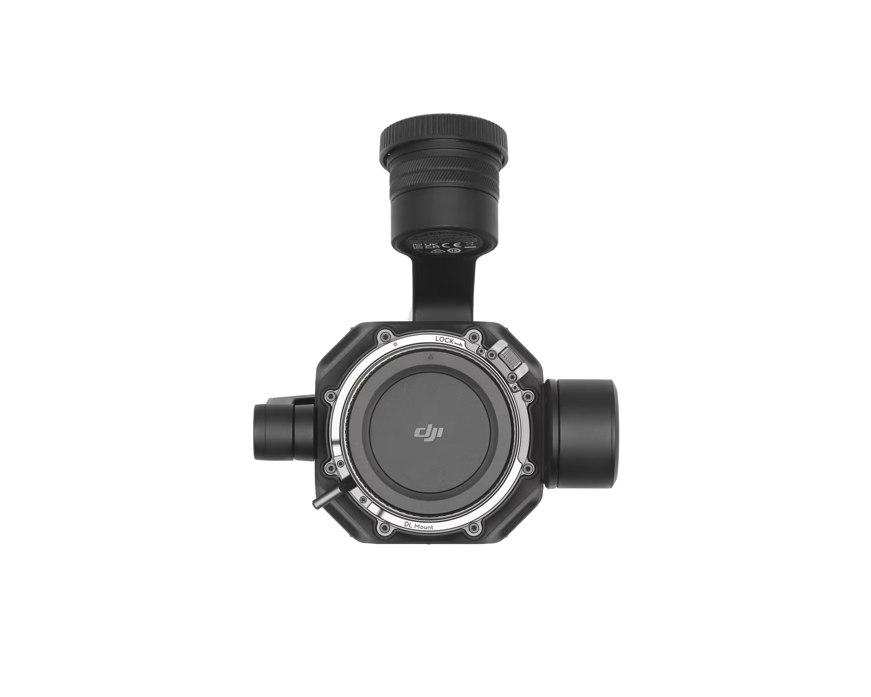 DJI drone gimbal camera with black and gray design, mounted on a silver horizontal rod.