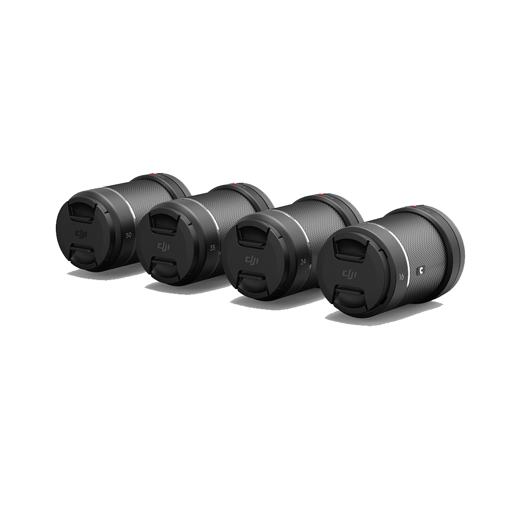 Four cylindrical camera filters with black caps and textured gray bodies, labeled with sizes 50, 35, 24, and 16, arranged in a row on a white surface.