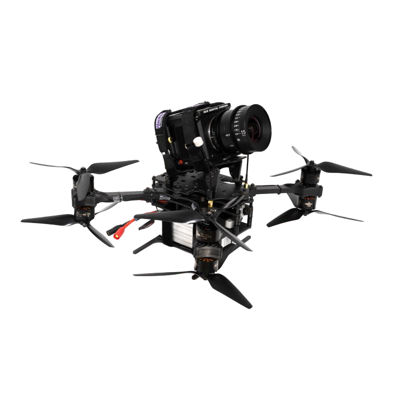 A quadcopter drone equipped with a high-resolution camera mounted on top.