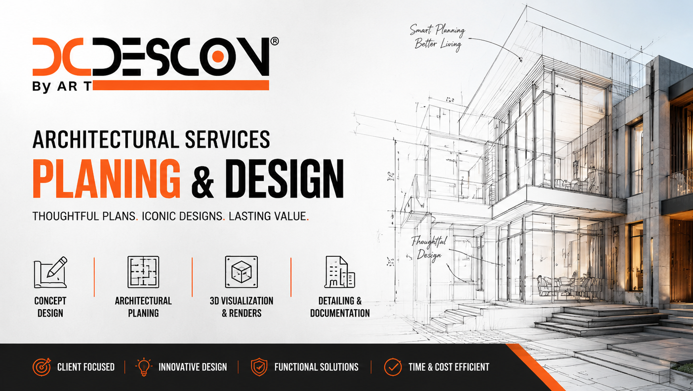 Promotional graphic for architectural services by Descov, showcasing planning and design. Features icons for concept design, architectural planning, 3D visualization, and detailing with a sketch of a modern building and a photograph of a completed building in the background.
