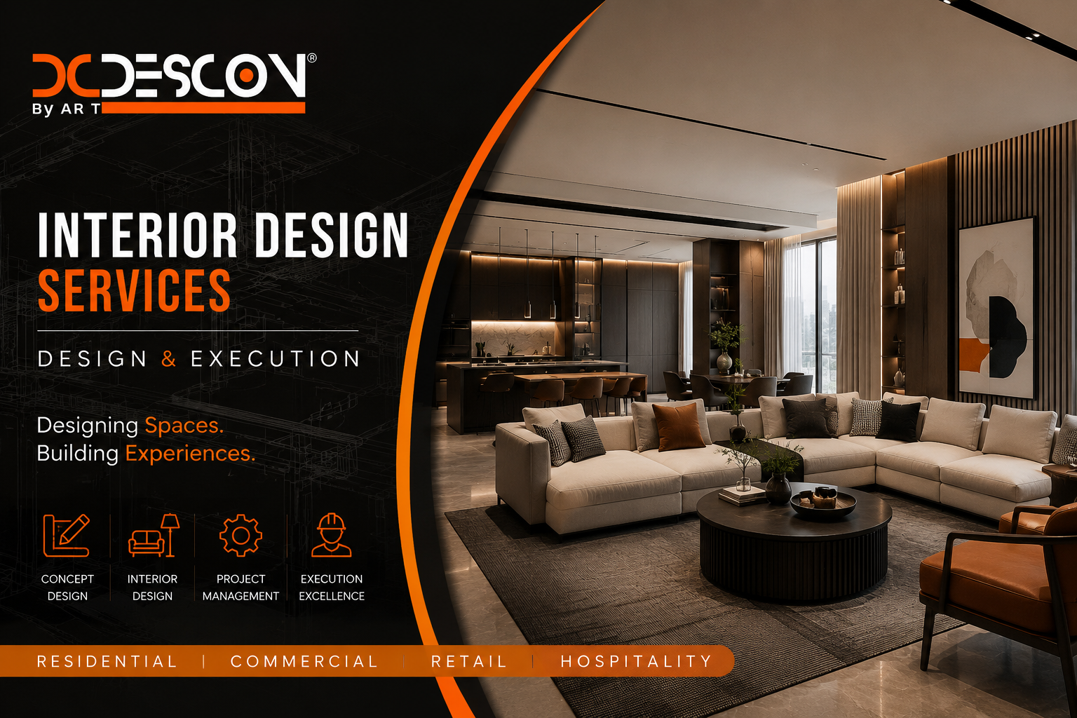 Interior design company advertisement with a modern living room featuring a large sectional sofa, coffee table, and a dining area in the background, highlighting stylish and well-lit interior spaces.