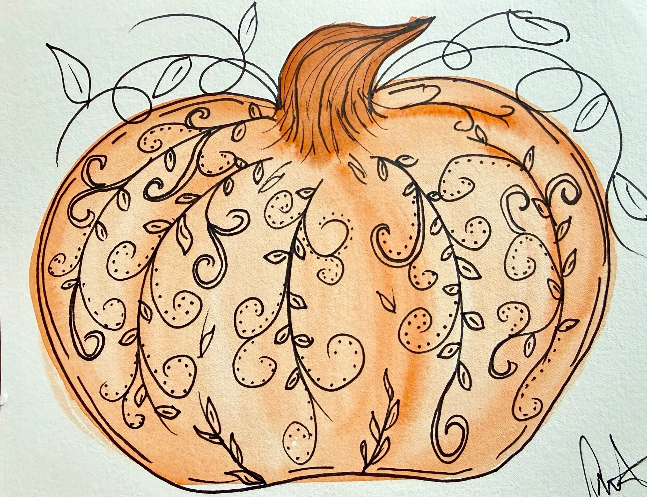 Illustration of a pumpkin with intricate black line patterns and swirling vines, colored with orange watercolor shades.