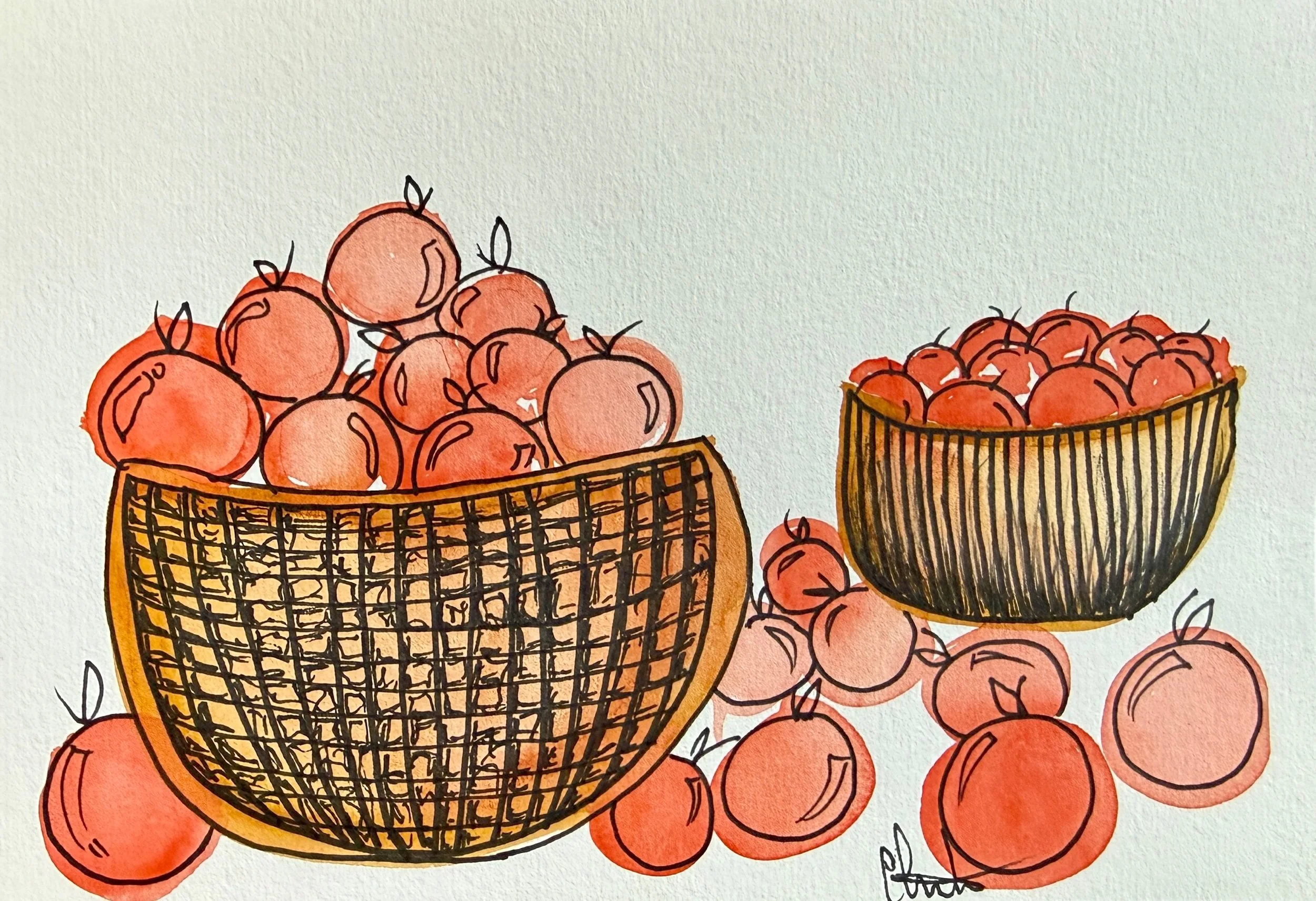 Watercolor sketch of scaffolding filled with peaches, some spilling out into the surrounding area.