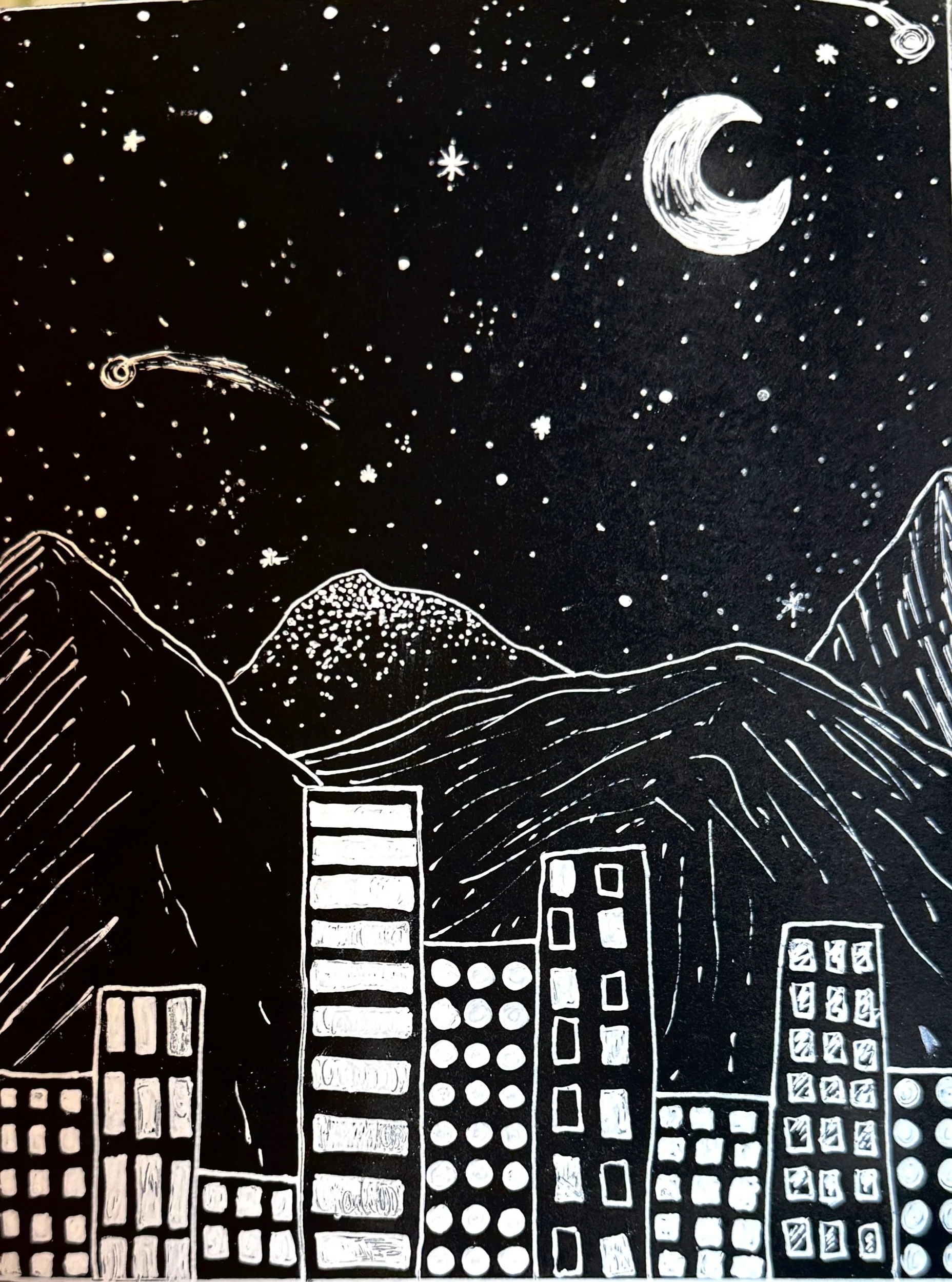 A black background with white line drawings of city buildings in the foreground, mountains in the middle ground, and a starry night sky with a crescent moon and clouds in the background.