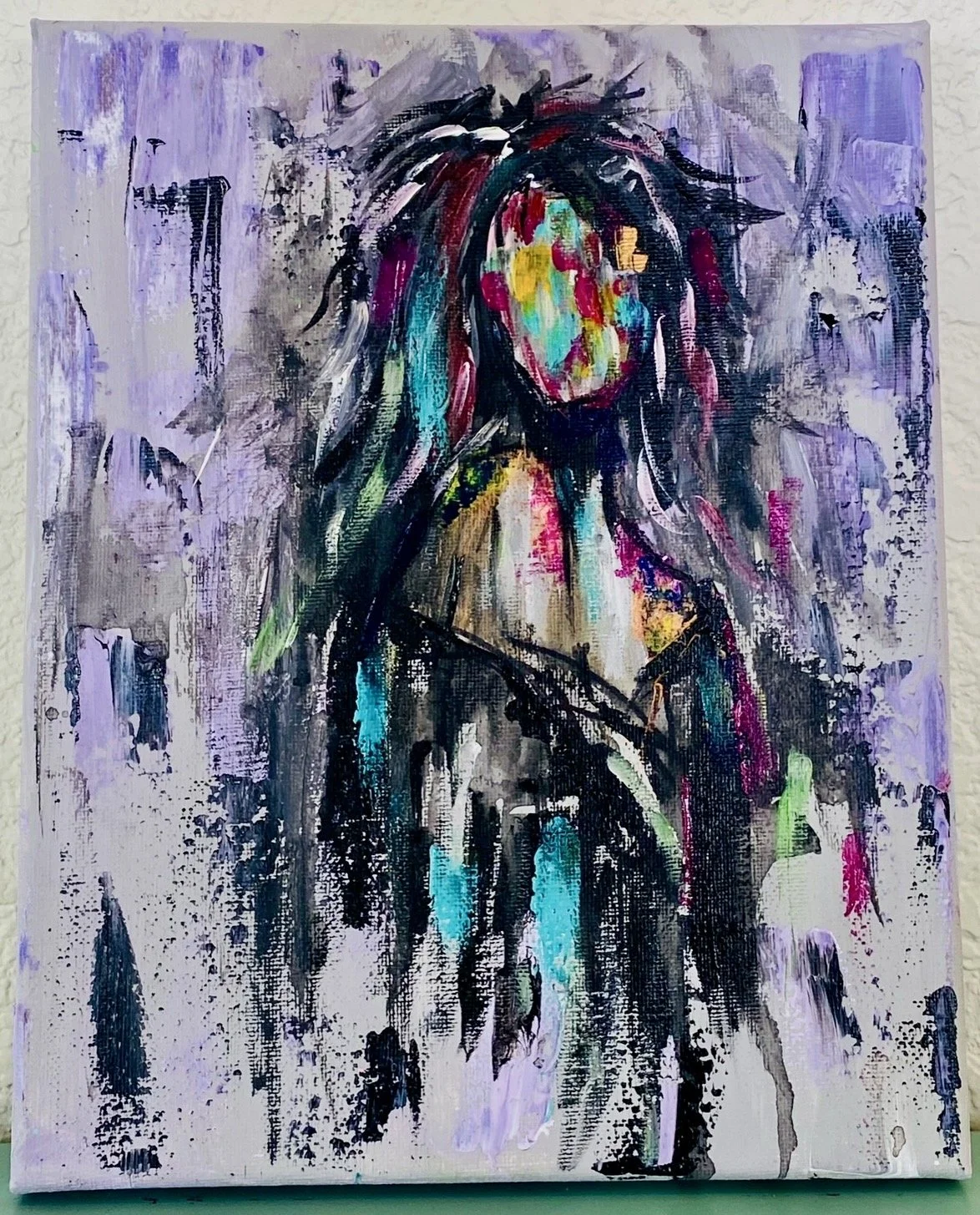 Abstract painting of a woman with long hair, using vibrant colors and bold brushstrokes, with a purple background.