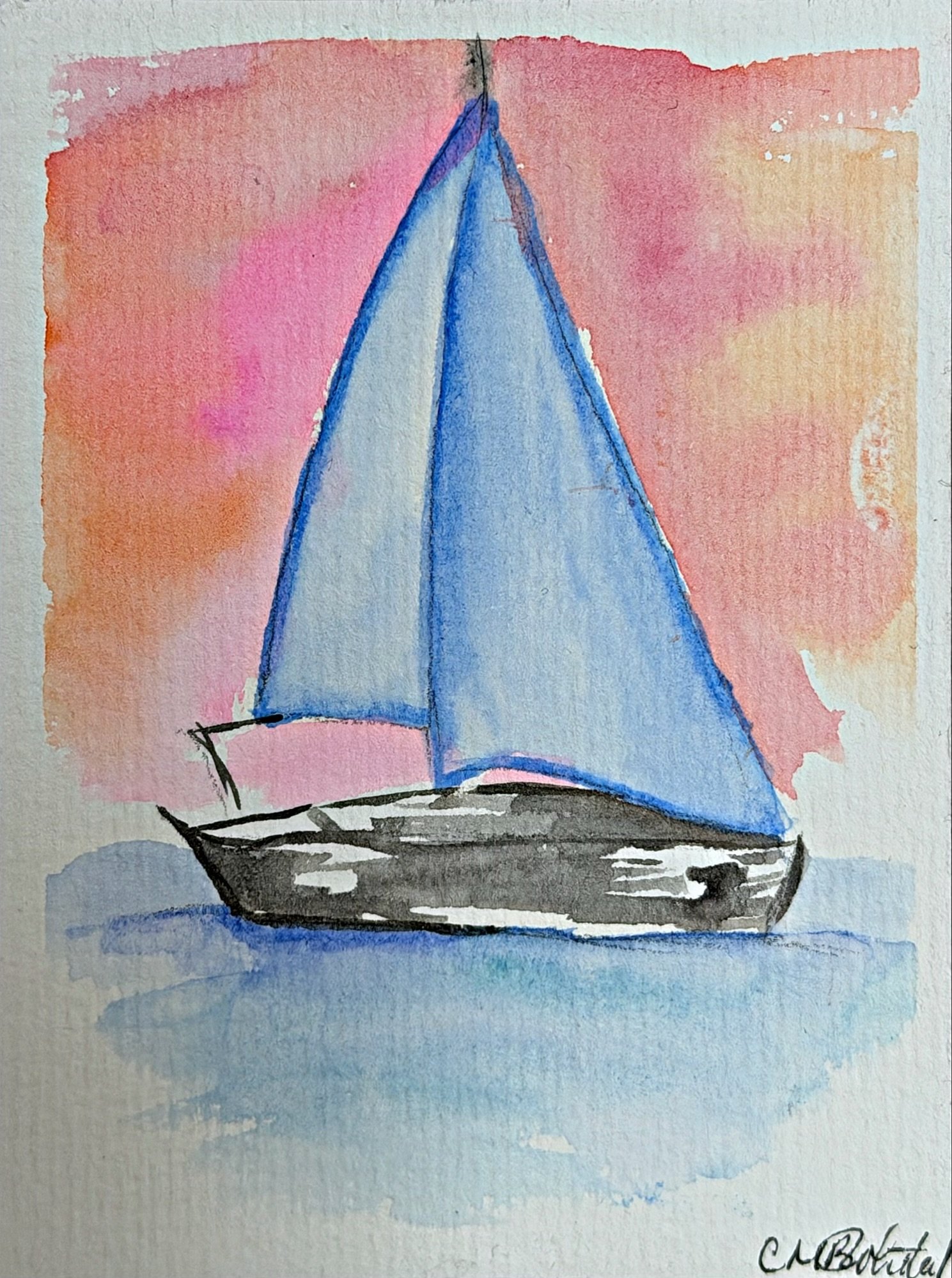 “Sailboat Sunset” 4x3 ORIGINAL watercolor