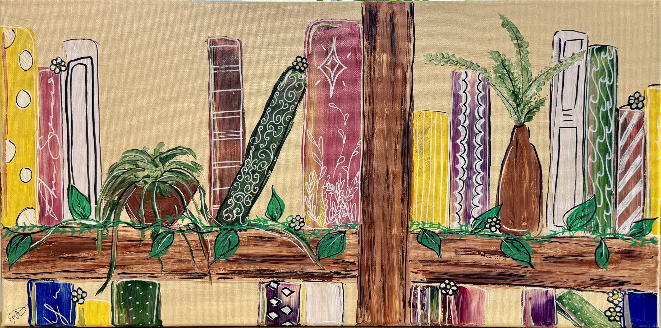 A colorful painting of a bookshelf with books and plants. The books are various bright colors with decorative patterns, and the bookshelves are made of brown wood. There are green leafy plants interwoven among the books and small white flowers scatte