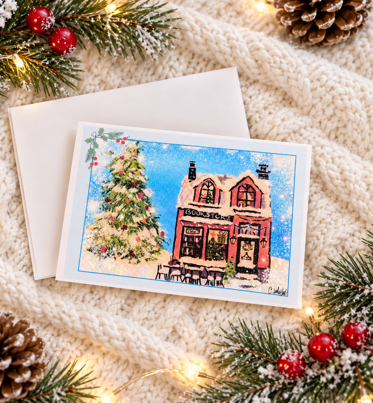 Winter Bookstore Print | Artist-Designed Blank Holiday Greeting Cards