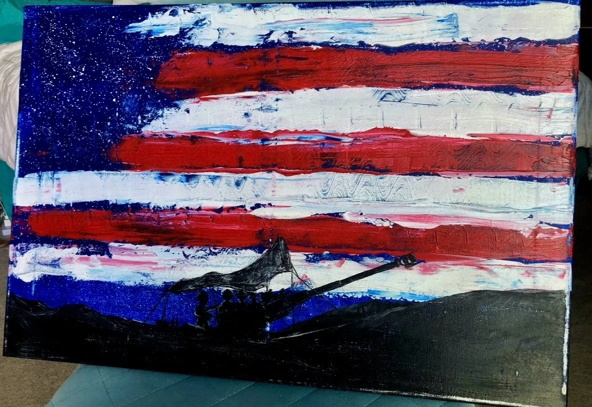 A painting of a sunset or sunrise with bold red and white horizontal stripes in the sky, dark blue hues at the horizon, and a silhouette of a sailboat with people on the water in the foreground.