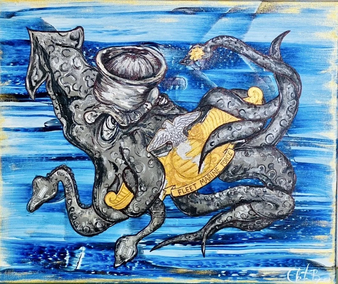 A painted mural of an octopus gripping a naval officer, with a banner reading 'Fleet Marine Force' and the ocean in the background.