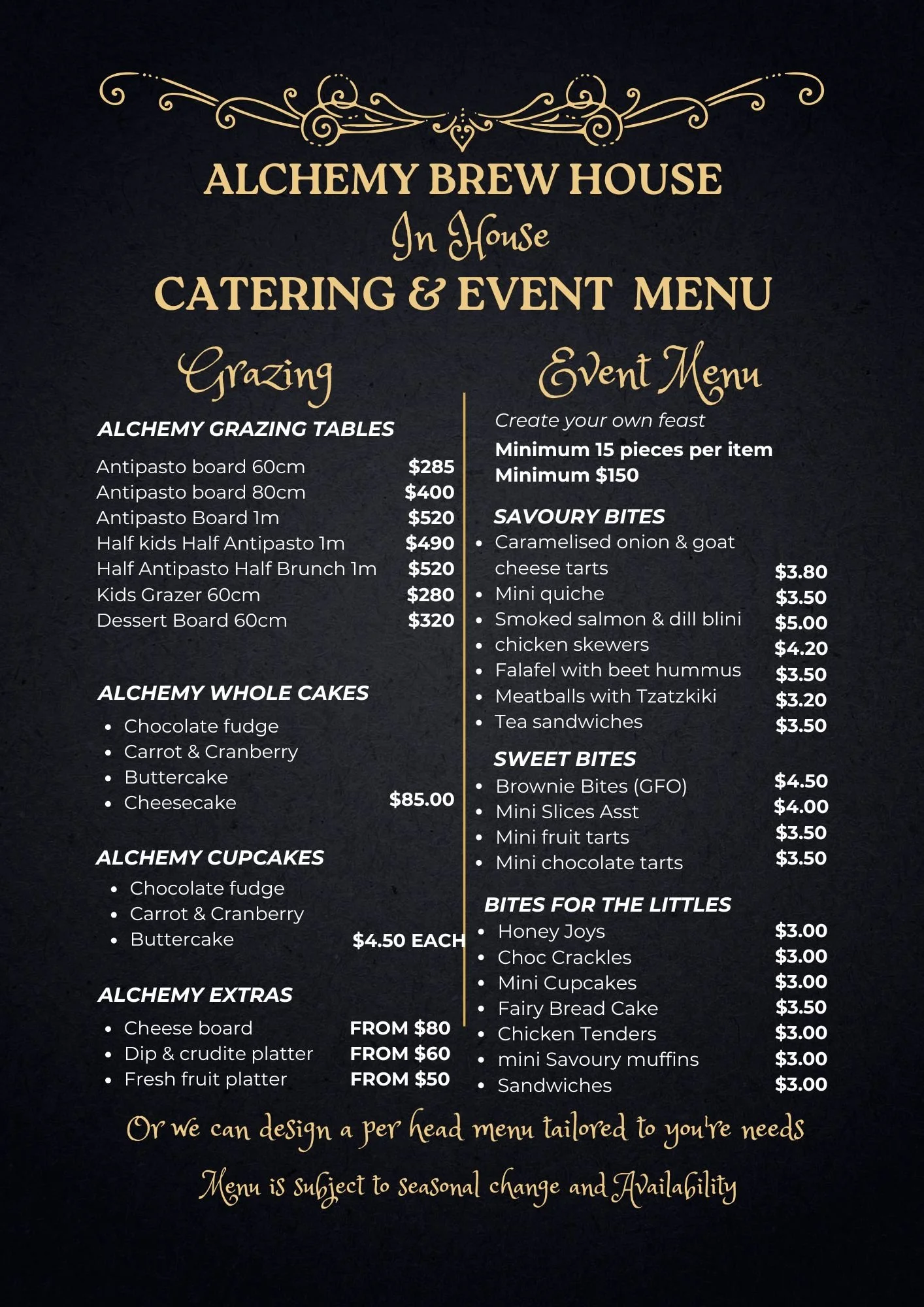 Menu for Alchemy Brew House featuring caterings, grazing, whole cakes, cupcakes, extras, event and sweet bites, and bites for the little ones with various food items and prices.