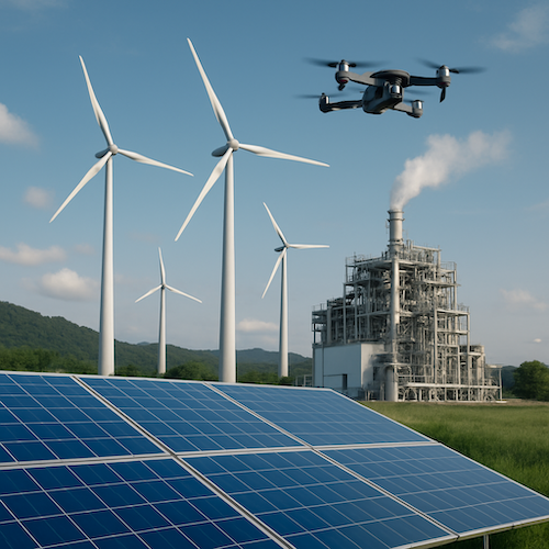 an image showing a solar panels, wind mills and a drone