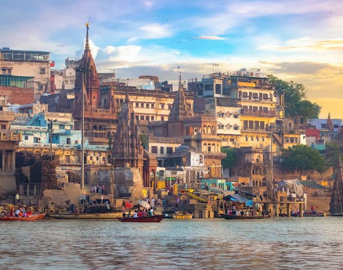 View of the Ganges River with houses and buildings