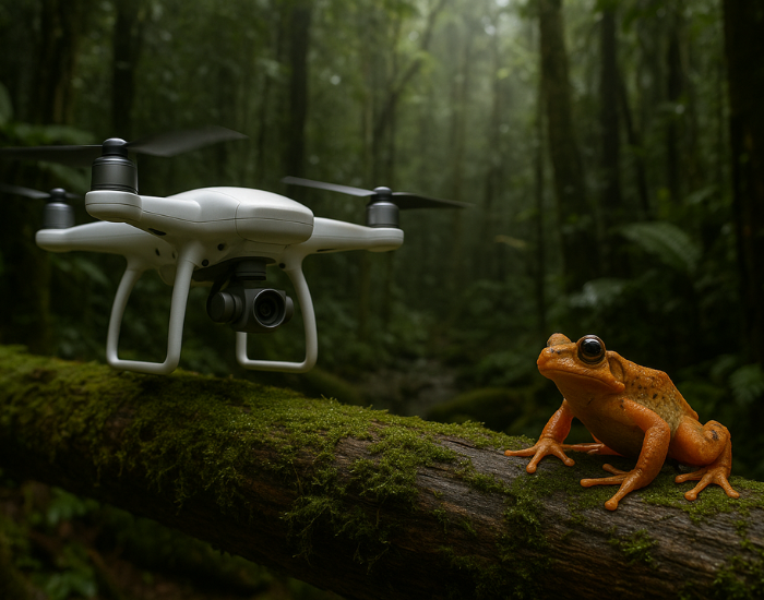 Cesar Medina Davila a drone in the jungle taking a photo of a frog in a tree trunk