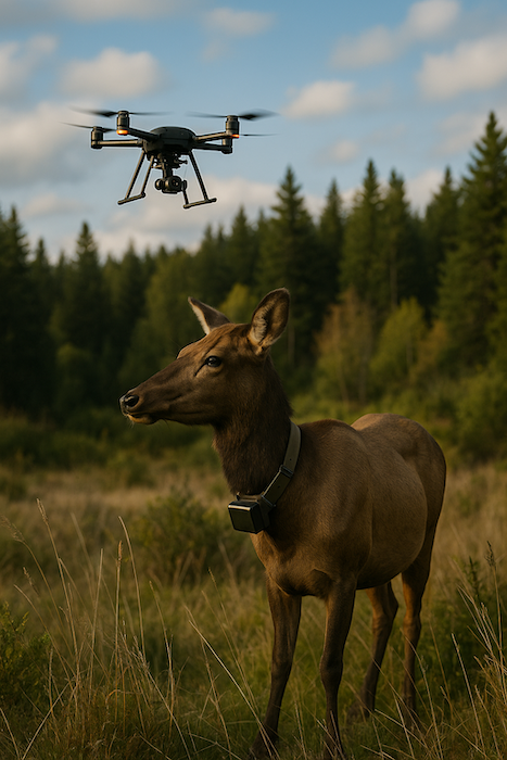 a deer with a GPS collar on a forest and a drone flying above it
