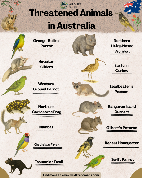 an infographic showing the most Threatened animals in Australia Infographic
