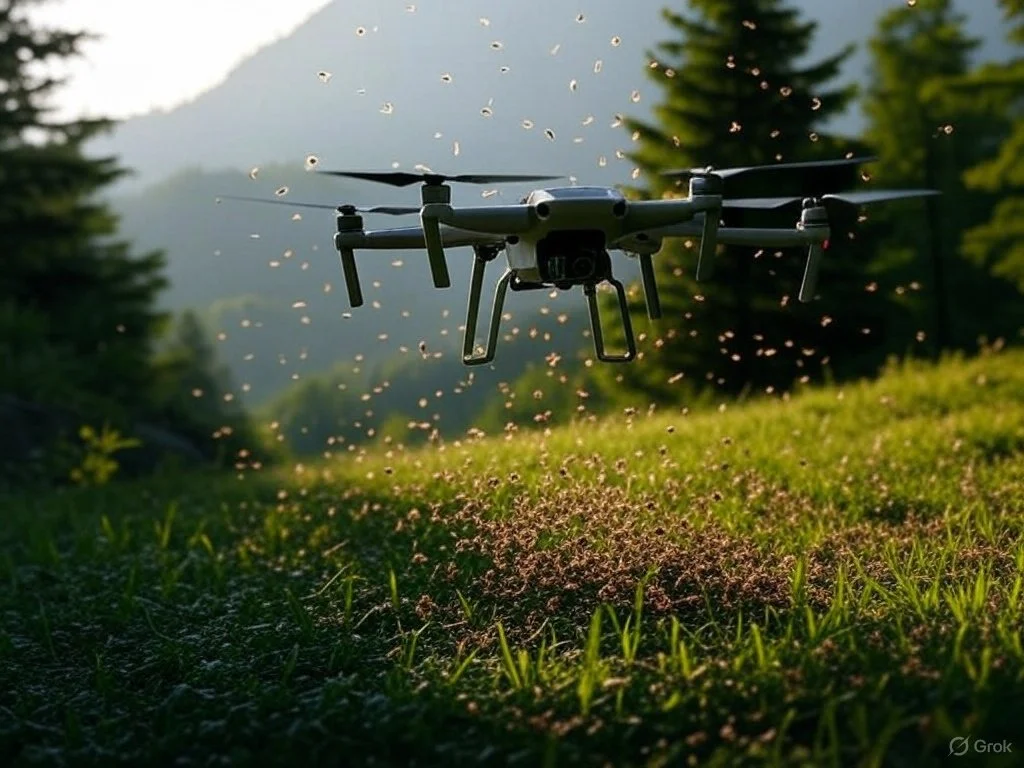 a drone flying above the ground throing seed for tree planting in a forest