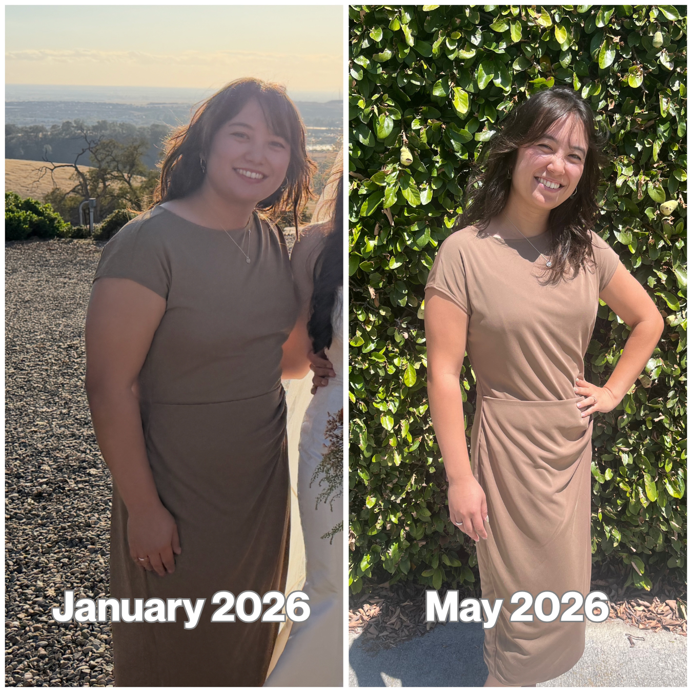 Side-by-side before and after photos taken in January 2026 and May 2026 showing visible changes in body shape, waist measurements, and overall physique.