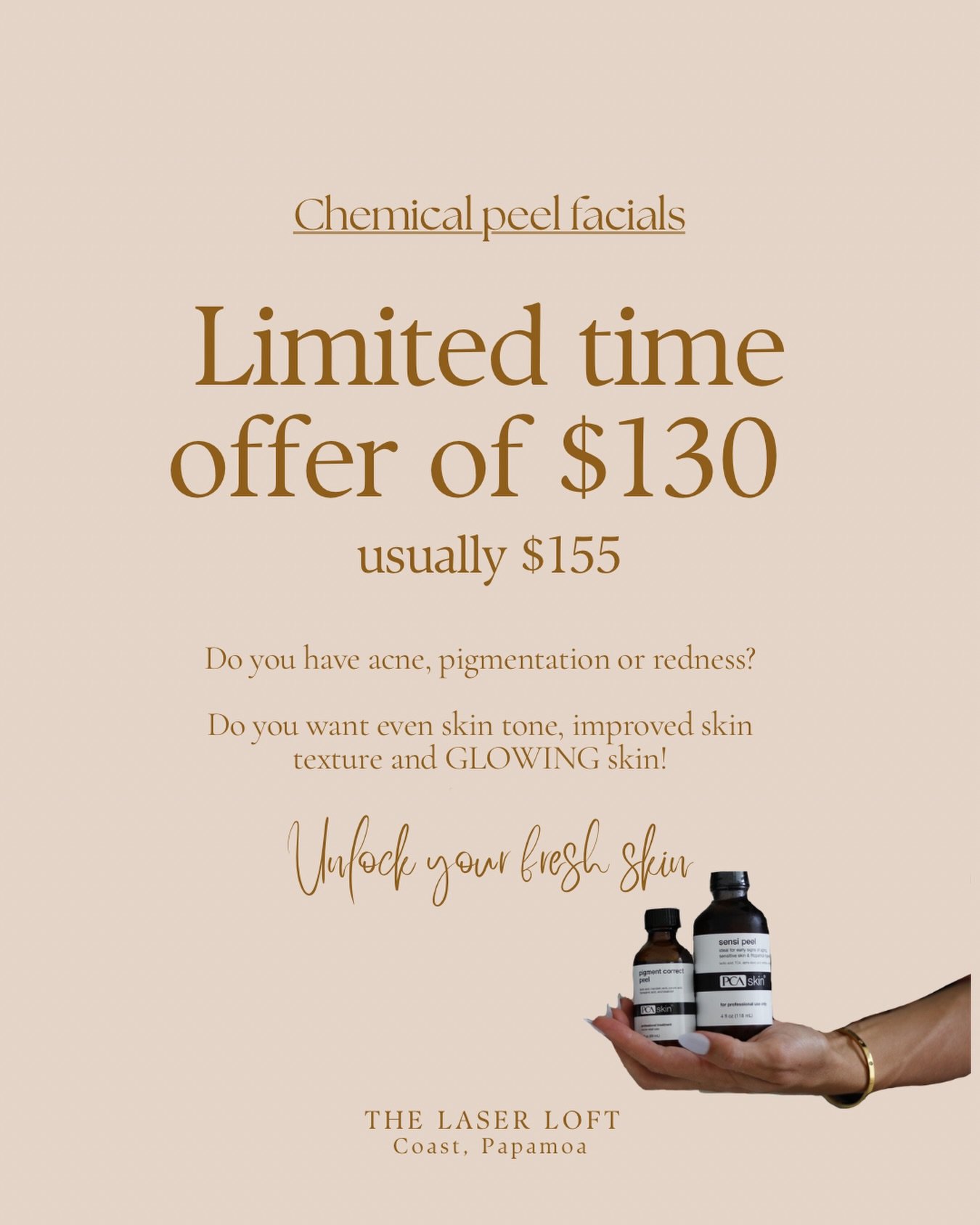 May is going to fly by before you know it, and that means this amazing offer will too! Flick me a message to get yours booked in before you can&rsquo;t make back lost time. 

#chemicalpeel #papamoa #facial