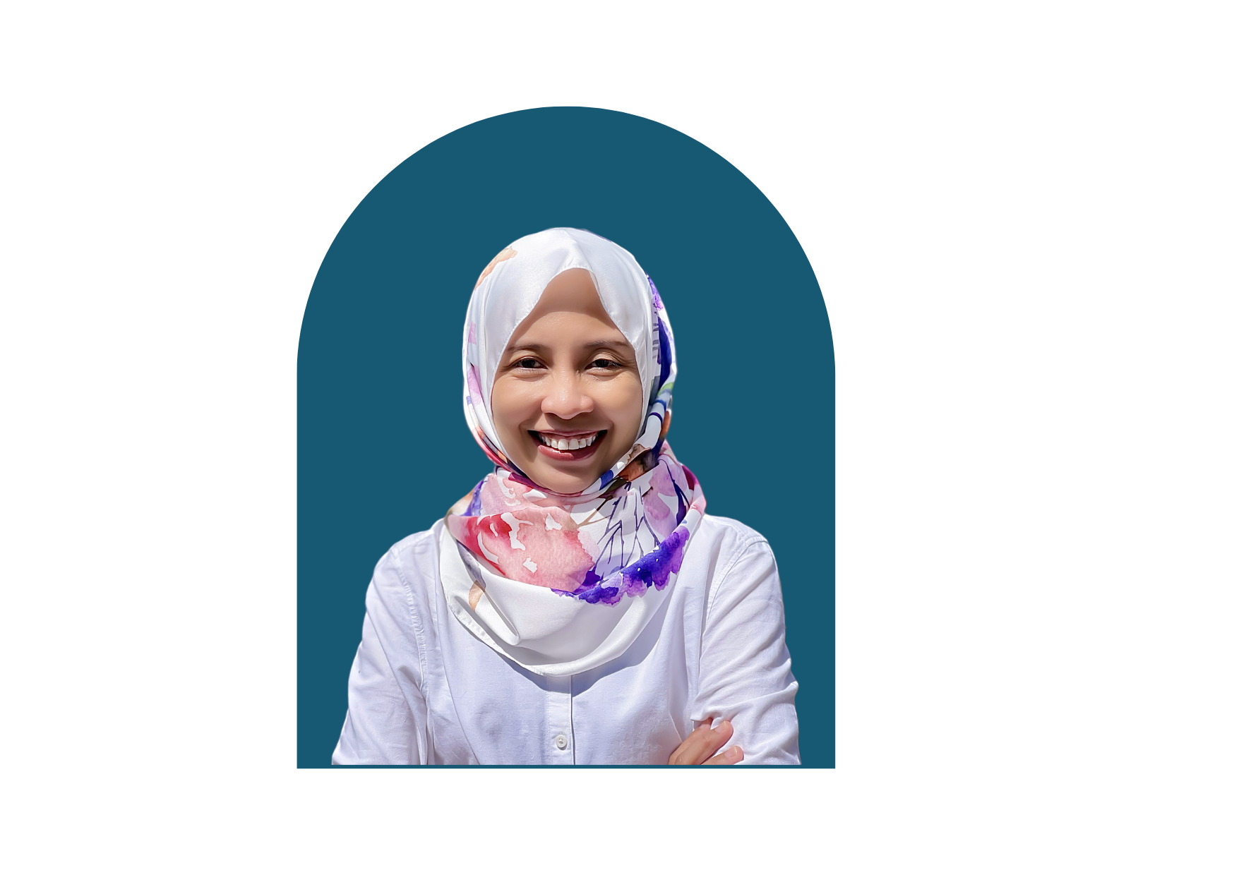 Woman wearing a floral hijab and white blouse, smiling against a dark teal background.
