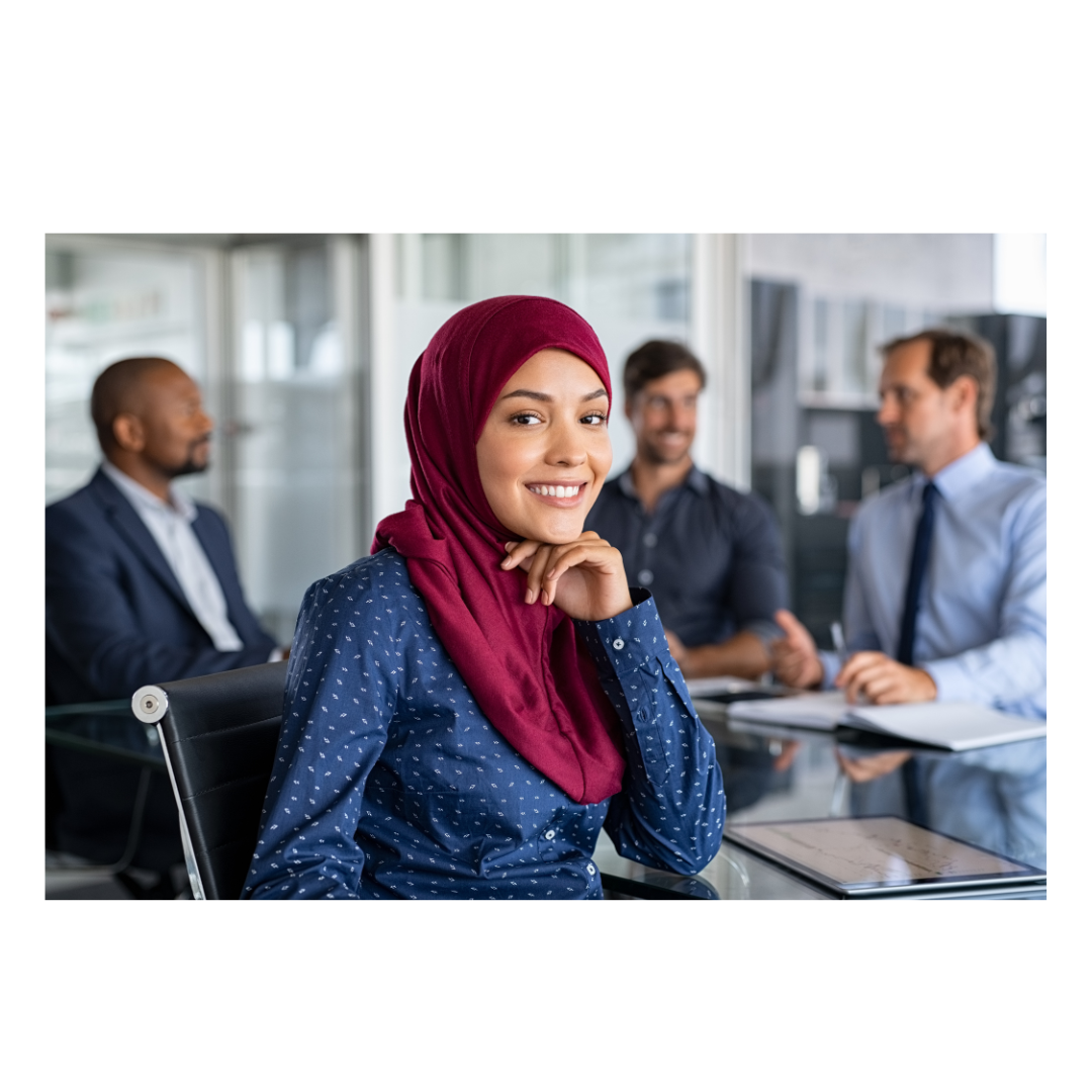 Businesswoman wearing a red hijab and blue shirt smiling in a meeting room with three colleagues seated in the background.
