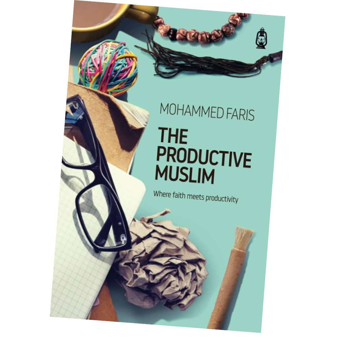 Book cover of 'The Productive Muslim' by Mohammed Faris, featuring items like glasses, a notebook, crumpled paper, and a colorful rubber band ball.