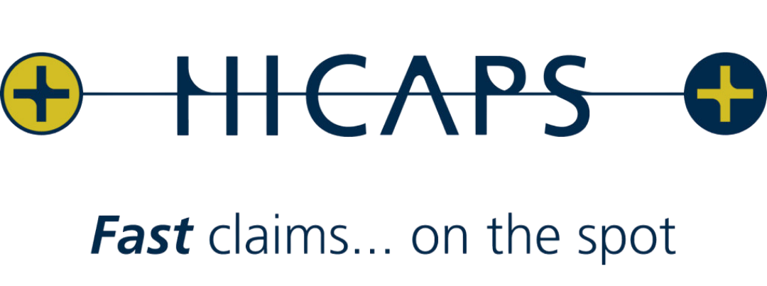 HICAPS logo with yellow and blue plus signs and the slogan 'Fast claims... on the spot' in blue text