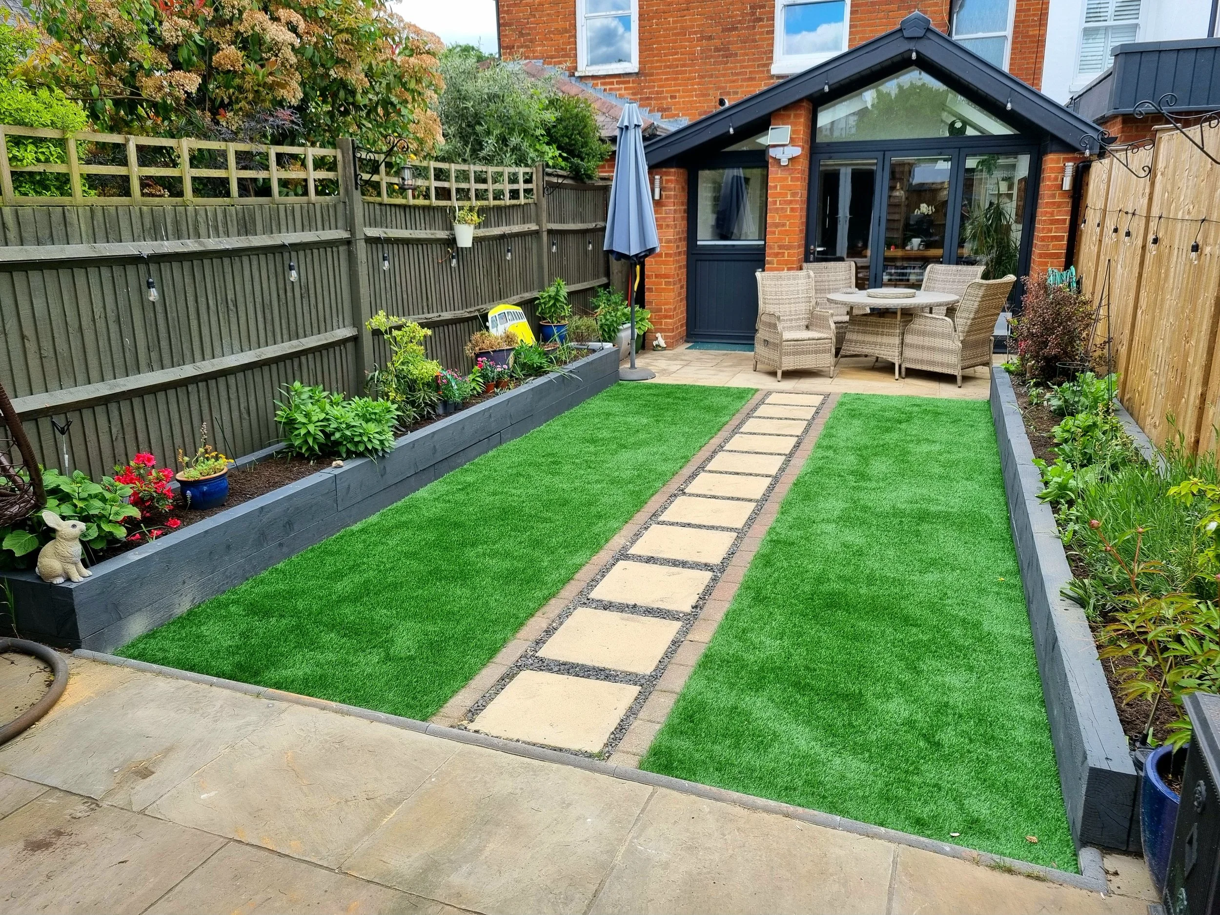 Front and back garden artificial grass installation, back.