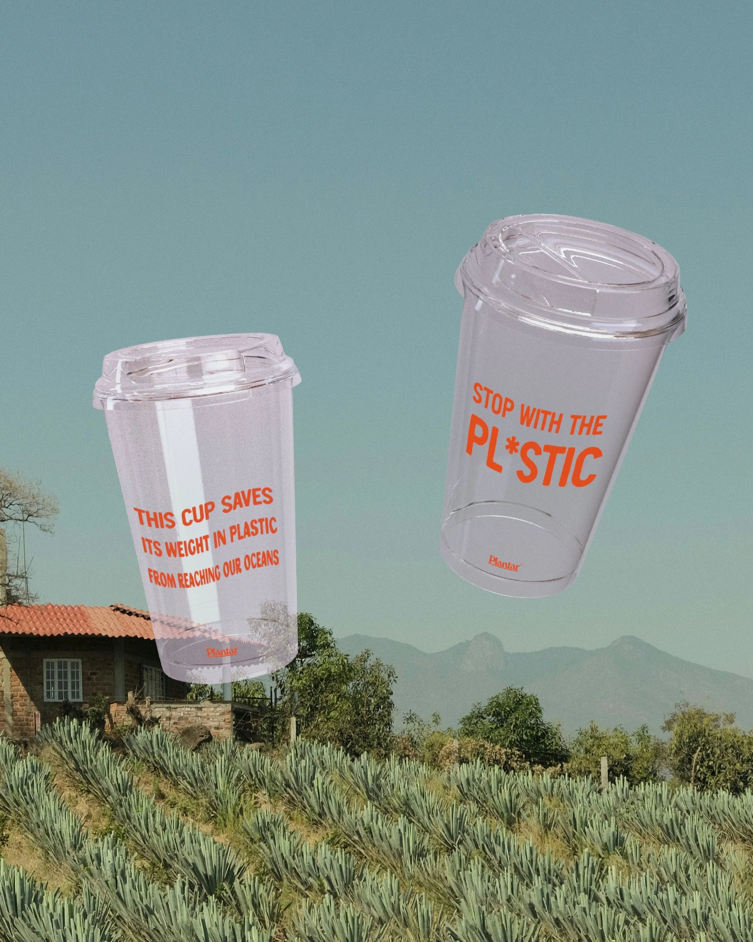 Two clear plastic cups with orange text and lids floating in a landscape with green hills and a house. One cup says 'THIS CUP SAVES ITS WEIGHT IN PLASTIC FROM REACHING OUR OCEANS,' and the other says 'STOP WITH THE PLASTIC.'