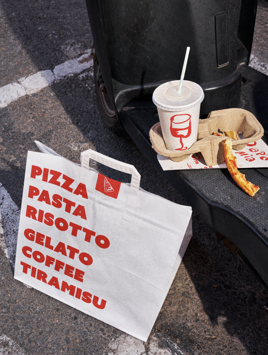 Papa Mia branded shopping bag and cup packaging design by Duo Plus Design