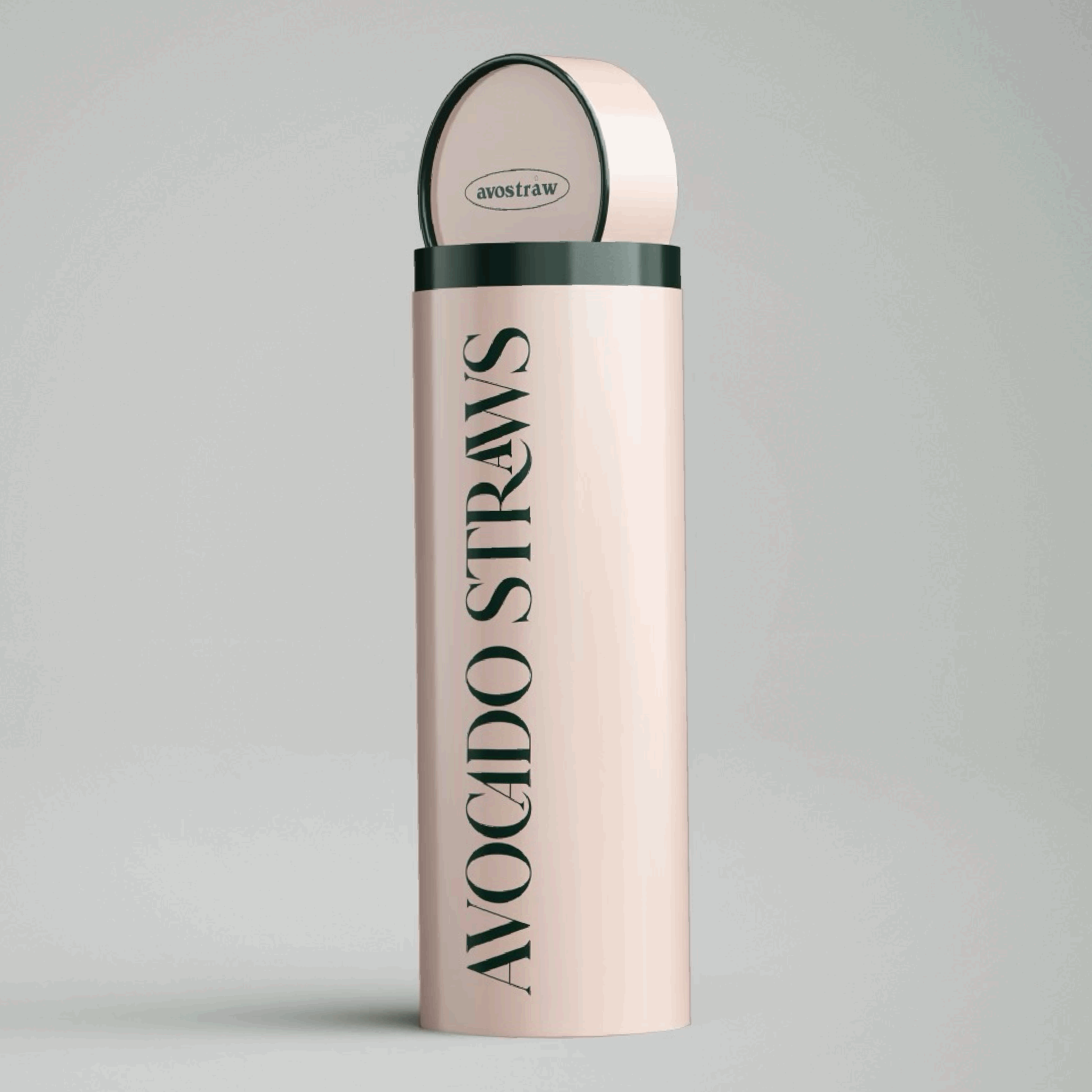 Pink cylindrical container with black text that reads 'AVOCADO STRAW' and a lid with the brand name 'avostraw' inside