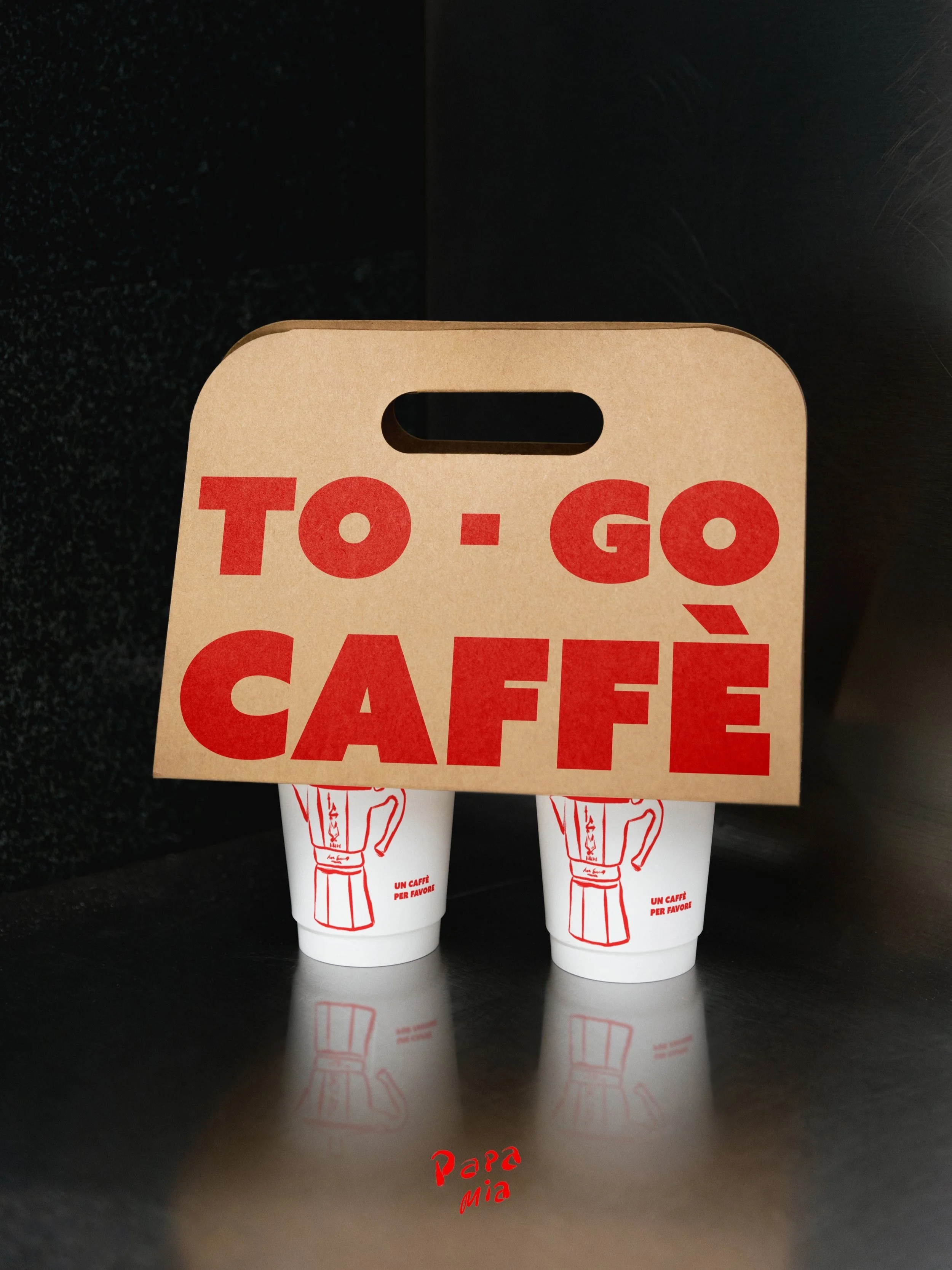 Papa Mia to-go caffè coffee cup and carrier packaging design by Duo Plus Design, Bari Italy