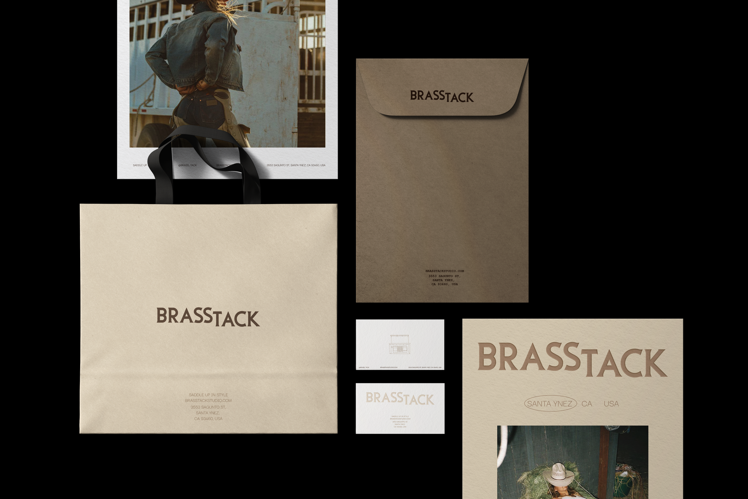 Brass Tack full brand collateral including packaging, business cards, and bags — rebrand by Duo Plus Design
