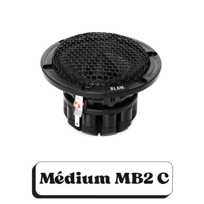 Un haut-parleur de voiture Medium MB2 C avec une grille de protection noire.