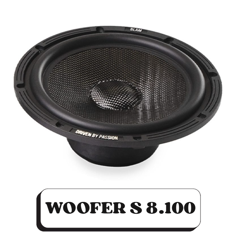 Un haut-parleur de type Woofer S 8.100 noir avec une grille métallique, inscriptions "Driven by Passion" et "BAM".