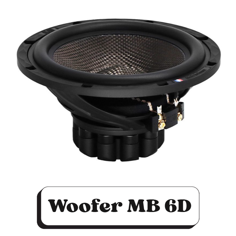 Un haut-parleur Woofer MB 6D noir avec une membrane en fibre de carbone et une construction robuste, destiné à l'audio de haute qualité.