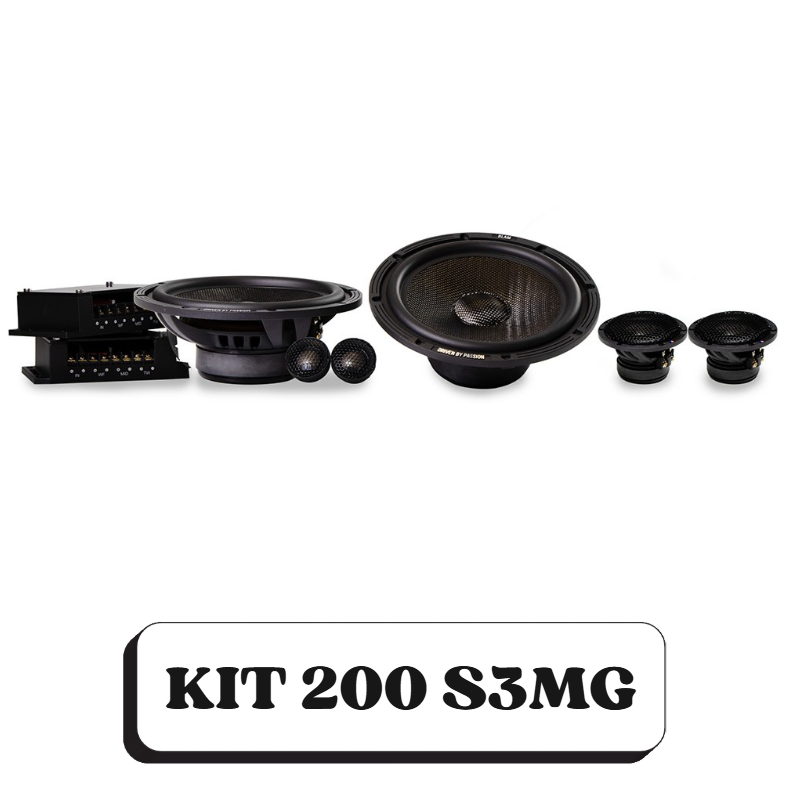 Ensemble d'enceintes et d'amplificateur audio, avec le texte 'KIT 200 S3MG' en dessous.