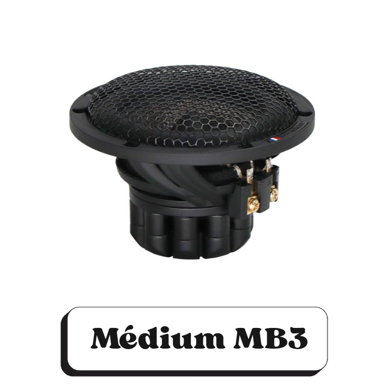 Un haut-parleur de voiture de type médium MB3 avec une grille en forme d'hexagones.