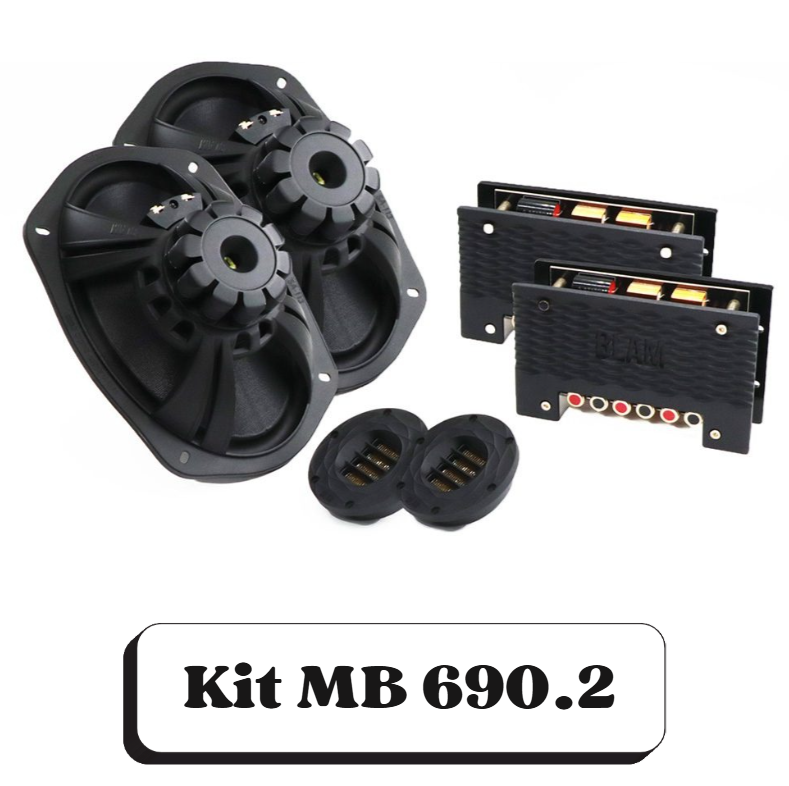 Ensemble d'équipements audio pour voiture, comprenant deux haut-parleurs, deux modules d'amplification et des connecteurs, avec le texte 'Kit MB 690.2' en dessous.
