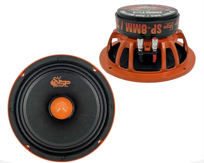 Deux haut-parleurs d'automobile, un vu de face et un autre de dessus, avec un cadre orange et une membrane noire.