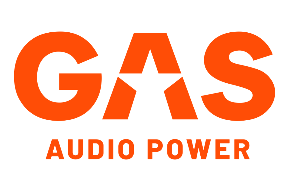 Logo de la marque GAS Audio Power, avec le nom en lettres orange, le « A » stylisé avec une étoile et l'inscription 'AUDIO POWER' en dessous.