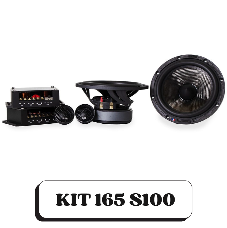 Un ensemble audio avec un amplificateur, deux haut-parleurs à petite enceinte, un haut-parleur à grande enceinte et un autre haut-parleur. En dessous, le texte "KIT 165 S100".