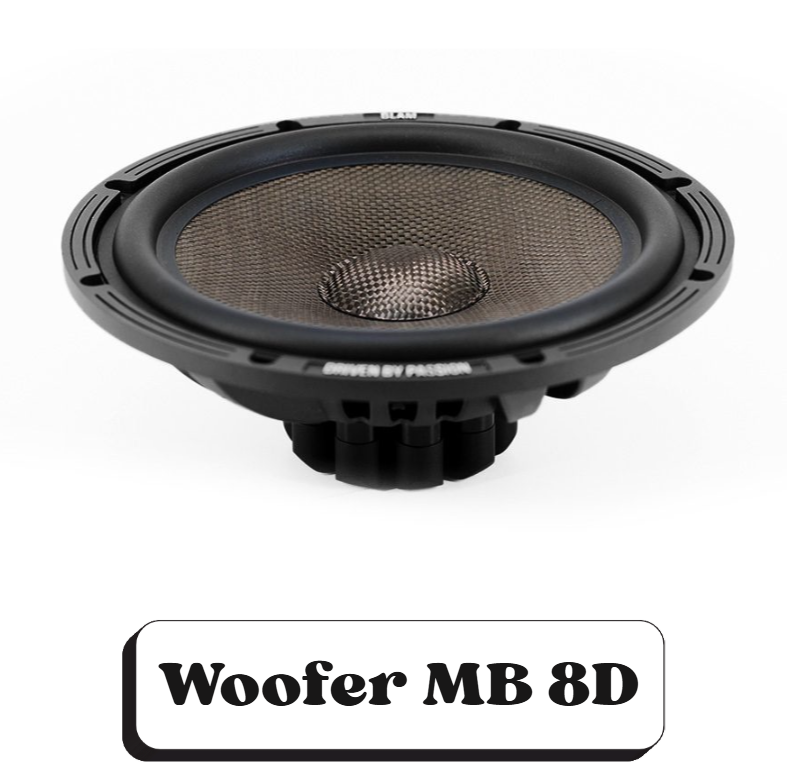 Un haut-parleur de voiture Wofer MB 8D avec un cône en fibre de carbone et un cadre noir.