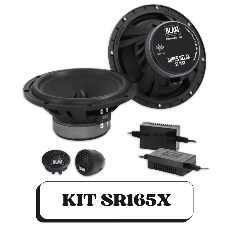 Ensemble d'enceintes et d'accessoires audio de la marque BLAM, modèle SR165X, comprenant deux haut-parleurs, deux tweeters, un amplificateur et un adaptateur secteur.