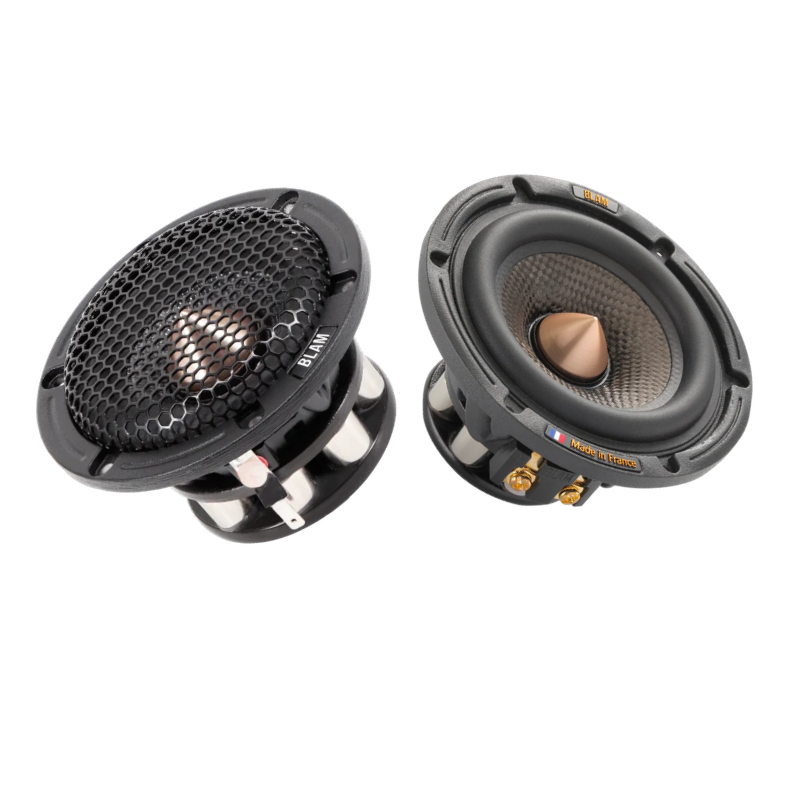 Deux haut-parleurs audio noirs avec étiquettes "BLAUP" et un indique "Made in France".