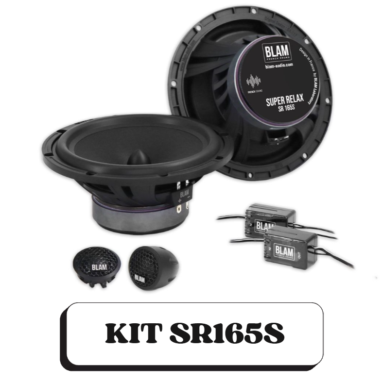 Un kit de haut-parleurs pour voiture BLAM, modèle SR165S, comprenant un haut-parleur principal, deux petites enceintes, et deux modules de contrôle avec câbles.