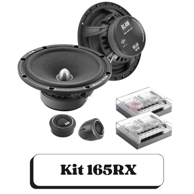Un kit audio de voiture comprenant deux haut-parleurs, deux tweeters, deux boîtes de filtres, et une étiquette indiquant 'Kit 165RX'
