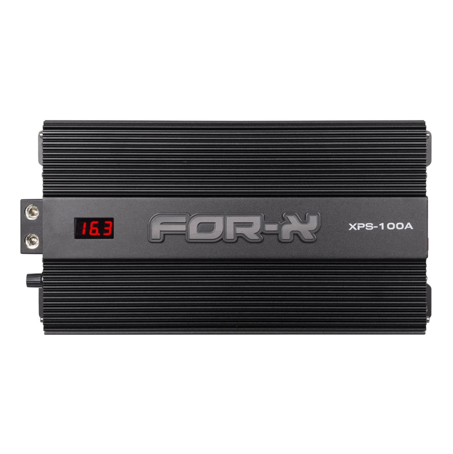 Amplificateur audio noir avec un affichage LED rouge indiquant 16.3, marqué FOR-X, modèle XPS-100A.