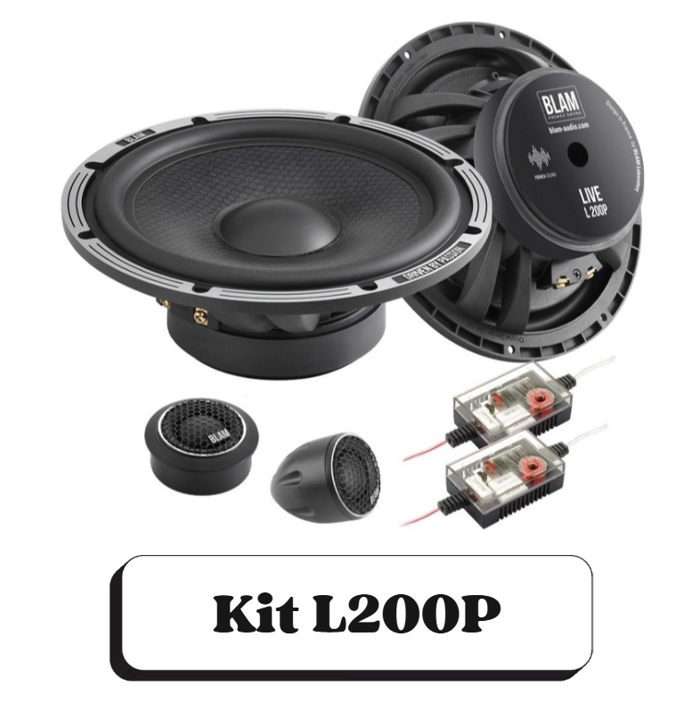 Un kit d'enceintes audio comprenant deux haut-parleurs, deux tweeters et deux filtres passifs, avec une étiquette indiquant "Kit L200P".